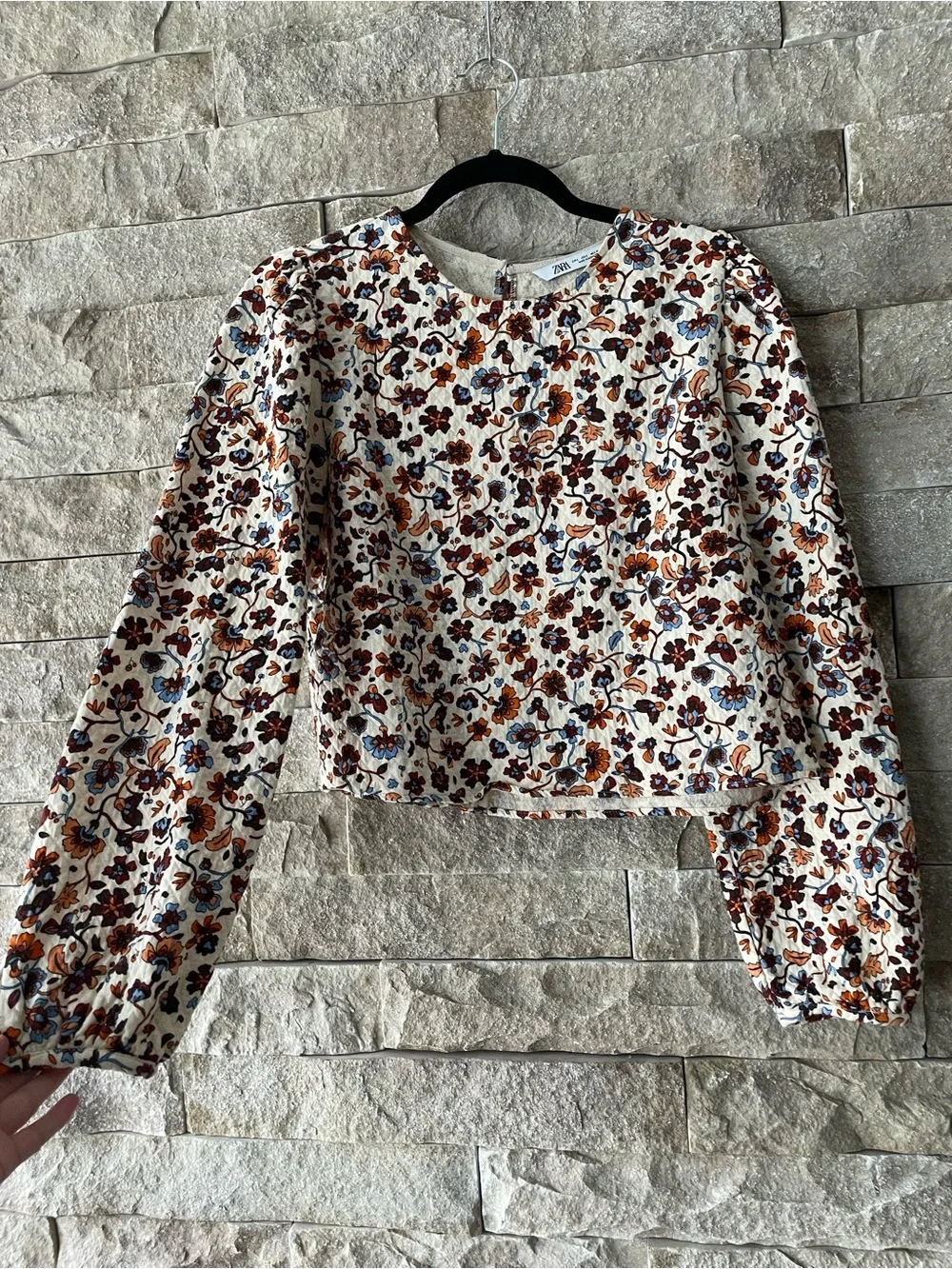 Zara Cream Floral Puff-Sleeve Top with Blue & Brown Accents
